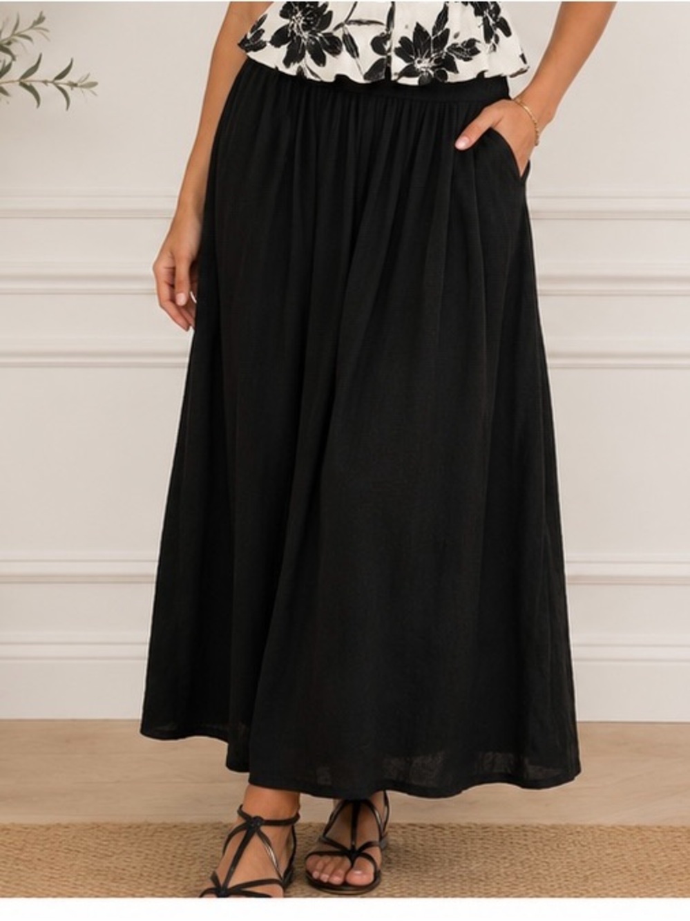 Black Flowy Maxi Skirt Women’s Long Stretch Waist Casual Boho Minimalist Skirt